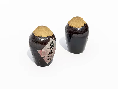 Traditional Ceramic Vessels With Black Glaze Yellow Covers And Japanese Labels 3d model