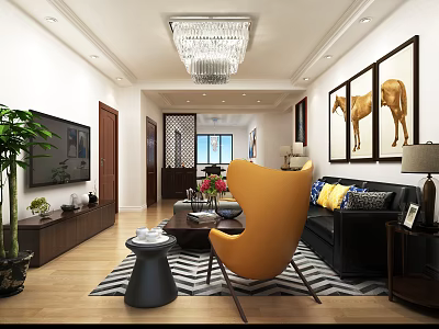 Modern Living Room Interior With Crystal Chandelier Black Sofa Orange Armchair And Horse Paintings 3d model