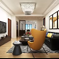 Modern Living Room Interior With Crystal Chandelier Black Sofa Orange Armchair And Horse Paintings