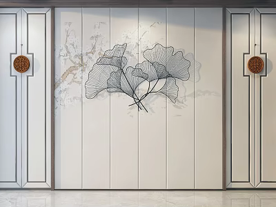 Modern Chinese Style Wall Design With Ginkgo Leaf Pattern And Symmetric Decor 3d model