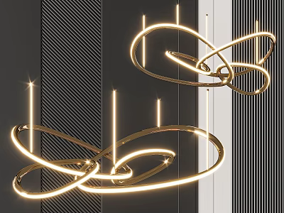 Modern Gold Metal Twisted Loop LED Lighting Chandelier With Dark Striped Wall Background 3d model