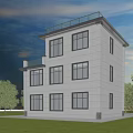 Two Story Detached Villa With Gray Exterior Black Roof Brown Arched Door And Green Lawn
