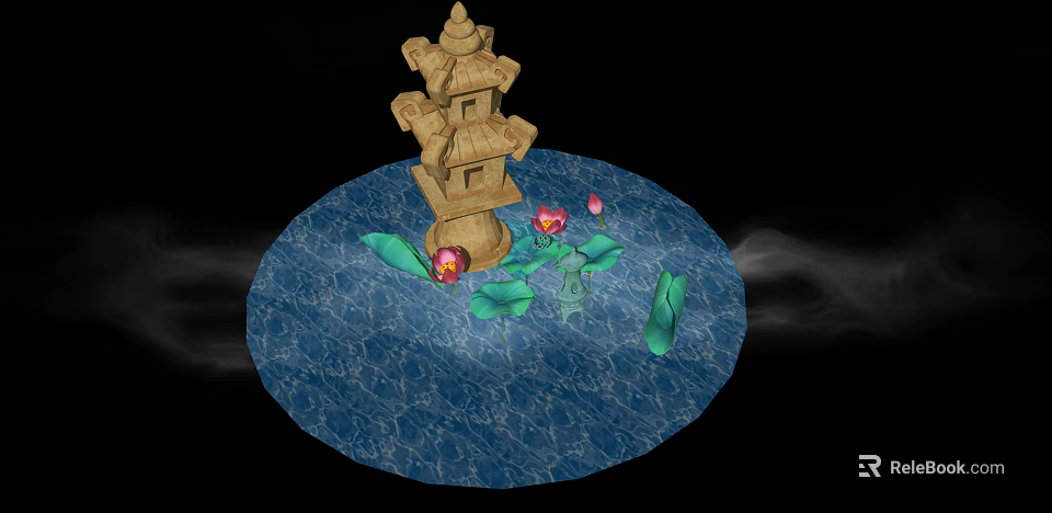 Traditional Stone Tower With Lotus Flowers And Lily Pads On Blue Water 3d model 