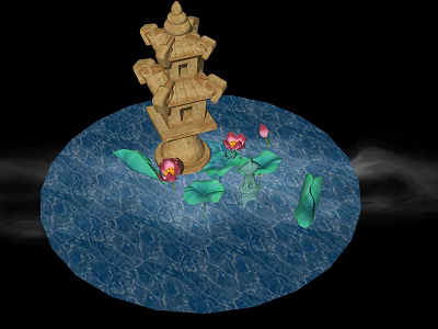 Traditional Stone Tower With Lotus Flowers And Lily Pads On Blue Water 3d model