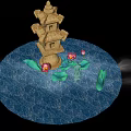Traditional Stone Tower With Lotus Flowers And Lily Pads On Blue Water