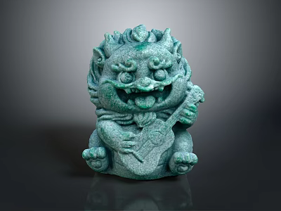 Intricate Green Stone Mythical Beast Sculpture Carving Holding Lute And Ornate Details 3d model