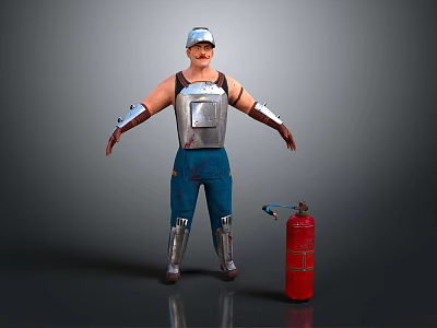 Armored Figure in Silver Helmet Armor With Shoulder Guards Blue Pants and Red Fire Hydrant 3d model