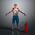 Armored Figure in Silver Helmet Armor With Shoulder Guards Blue Pants and Red Fire Hydrant