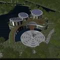 Aerial View Planning Circular Buildings With Solar Panel Roofs Surrounding Waterbody Green Spaces and Central Plaza