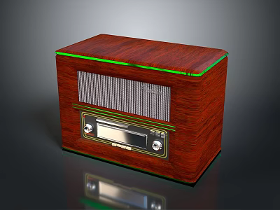 Vintage Electronic Radio with Wooden Exterior Green Trim and Classic Front Panel Control Knobs 3d model