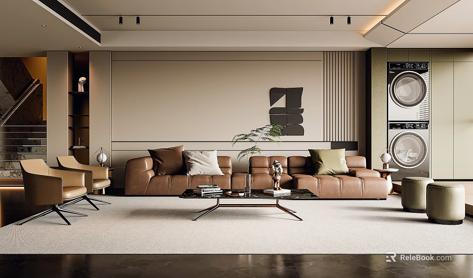 Modern Living Room Interior With Brown Leather Sofa Coffee Table Wall Art And Area Rug 3d model 