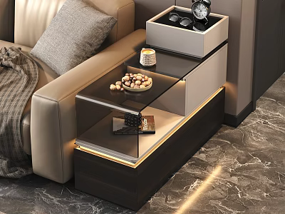 Modern End Table With Glass Top Gold Accents And Storage Next To Sofa 3d model