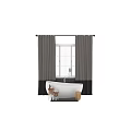 White Freestanding Oval Bathtub With Wooden Stools Bath Products And Green Plant