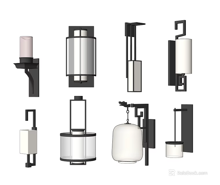 Modern Wall Lamps With Black Frames White Shades And Various Designs 3d model