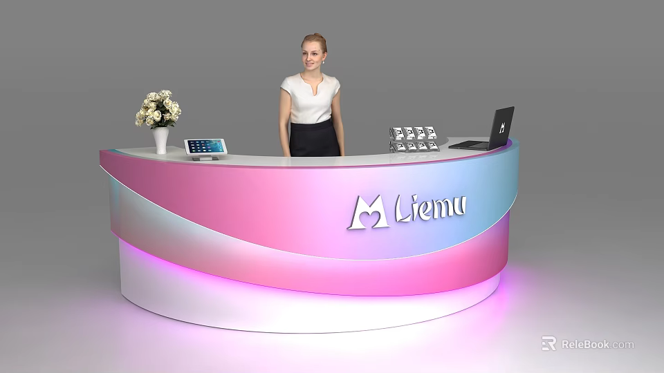Modern Reception Desk With Pastel Gradient Colors Liemu Logo Flower Vase Tablet And Woman 3d model 