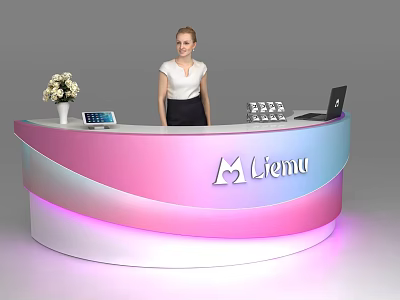 Modern Reception Desk With Pastel Gradient Colors Liemu Logo Flower Vase Tablet And Woman 3d model