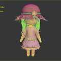 Cute Doll Character Wearing Straw Hat With Flower Pink Dress Blue Belt And Brown Hair