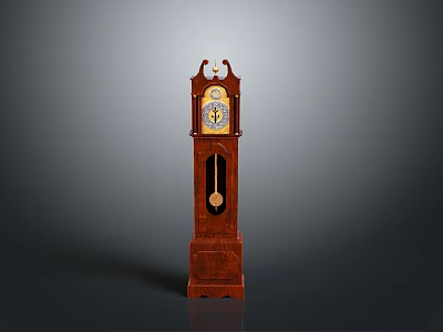 Classic Wooden Grandfather Clock With Ornate Top Golden Dial And Pendulum 3d model