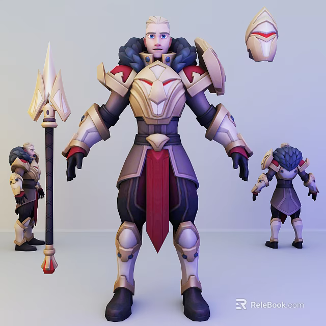 Game Character 3D Model With Gold Red Armor And Spear In Different Angles 3d model 