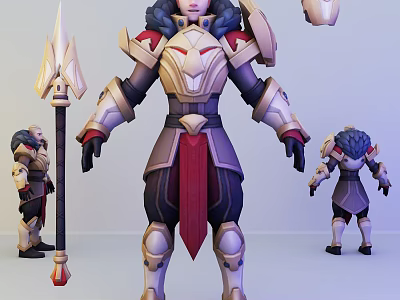 Game Character 3D Model With Gold Red Armor And Spear In Different Angles 3d model