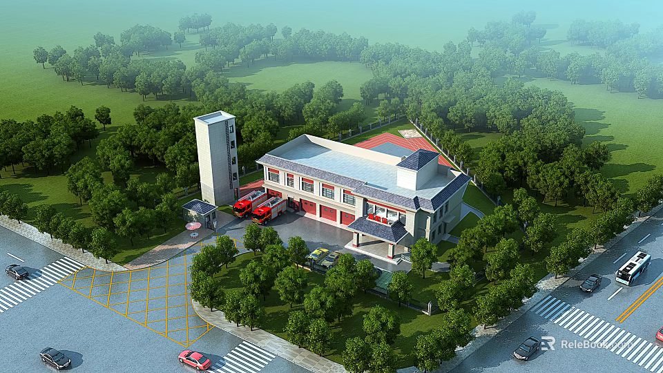 Fire Station Building With Red Fire Trucks Surrounded by Green Trees and Parking Area 3d model 