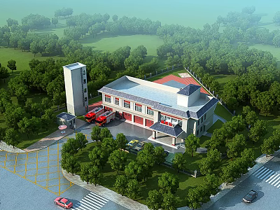 Fire Station Building With Red Fire Trucks Surrounded by Green Trees and Parking Area 3d model