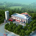 Fire Station Building With Red Fire Trucks Surrounded by Green Trees and Parking Area
