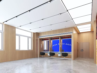 Service Hall Interior With Wooden Walls Large Windows Blue Counters Black Chairs And Marble Floor 3d model