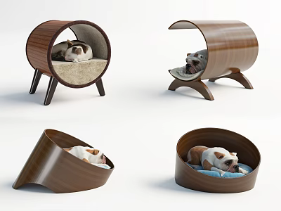 Wooden Pet Beds In Four Different Designs With Cozy Small Dogs Resting 3d model