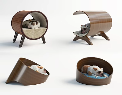 Wooden Pet Beds In Four Different Designs With Cozy Small Dogs Resting 3d model