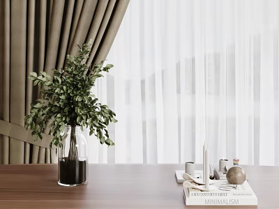 Glass Vase With Green Foliage On Wooden Table By Curtain Background Natural Light 3d model