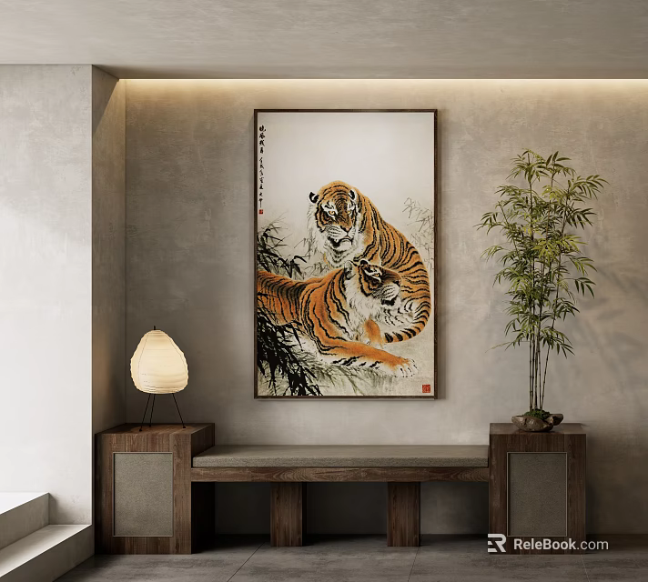 Traditional Chinese Animal Painting With Two Tigers Bamboo Plant And Interior Wall Decor 3d model 