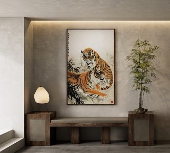 New Chinese Animal Painting Traditional Chinese Painting Tiger Art Hanging Painting Table Lamp Green Plant Ornaments 3d model