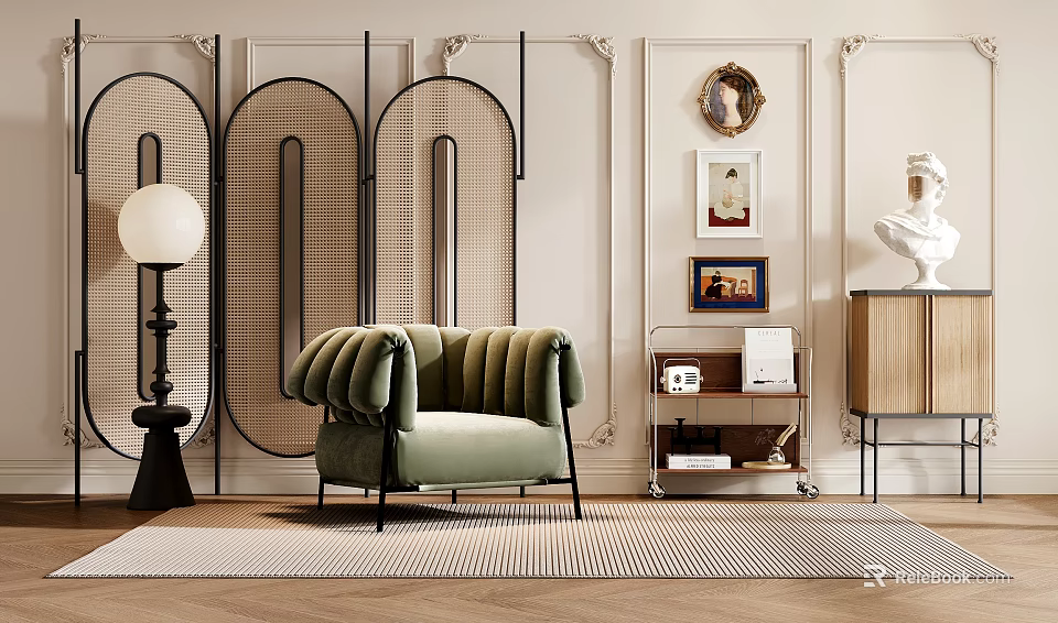 Stylish Green Velvet Single Sofa In Modern Room With Geometric Screen Decorative Lamp And Artwork 3d model 