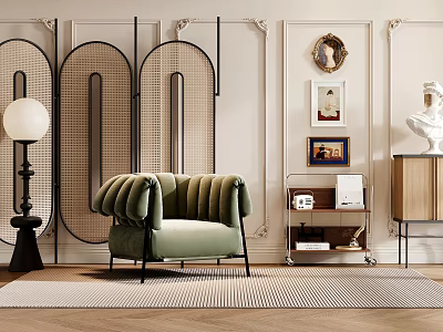 Stylish Green Velvet Single Sofa In Modern Room With Geometric Screen Decorative Lamp And Artwork 3d model