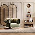 Stylish Green Velvet Single Sofa In Modern Room With Geometric Screen Decorative Lamp And Artwork