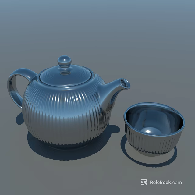 Silver Metallic Tea Set With Ribbed Teapot And Matching Cup 3d model 