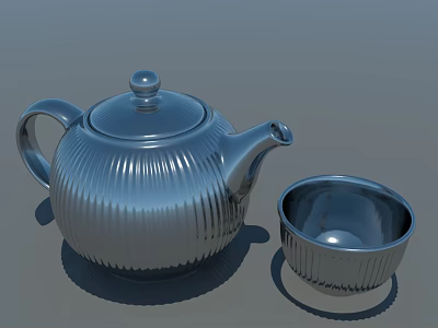 Silver Metallic Tea Set With Ribbed Teapot And Matching Cup 3d model