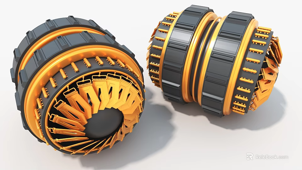 Two Black And Orange Circular Art Installations With Mechanical Design Elements 3d model 