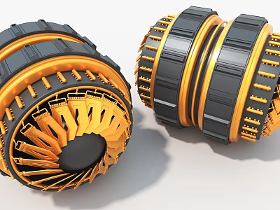 Two Black And Orange Circular Art Installations With Mechanical Design Elements 3d model