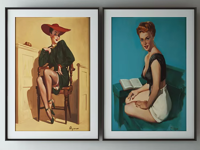 Vintage Female Portrait Paintings Featuring Red Hat Green Dress and Open Book Seated on Chair 3d model