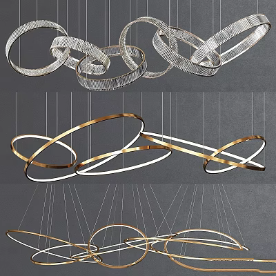 Contemporary Modern Circular Chandelier With Metallic Gold Silver Frame Hanging In Interior 3d model