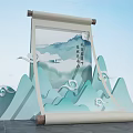 Traditional Chinese Scroll Painting With Landscape Mountains Clouds And Calligraphy