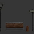 Vintage Outdoor Bench with Street Clock Signpost and Trash Can