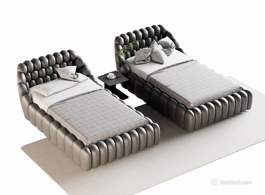 Modern Single Beds With Tufted Headboard Dark Frame Light Mattress Plus Nightstand And Green Plant 3d model 