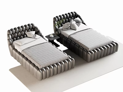 Modern Single Beds With Tufted Headboard Dark Frame Light Mattress Plus Nightstand And Green Plant 3d model