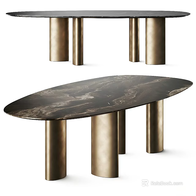 Modern Elegant Dining Table Set with Dark Oval Marble Tabletop and Gold Metal Legs 3d model 