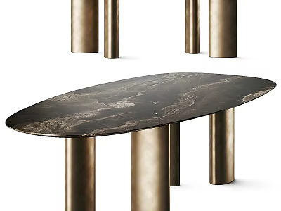 Modern Elegant Dining Table Set with Dark Oval Marble Tabletop and Gold Metal Legs 3d model