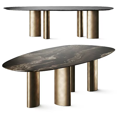 Modern Elegant Dining Table Set with Dark Oval Marble Tabletop and Gold Metal Legs 3d model