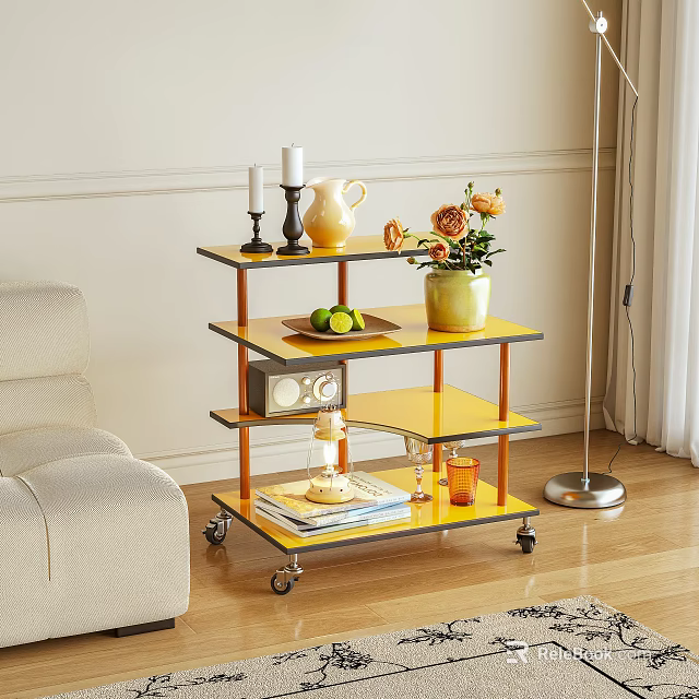 Multi Tiered Side Table with Wheels Yellow Black Shelves Candles Vase Flowers in Living Room 3d model 